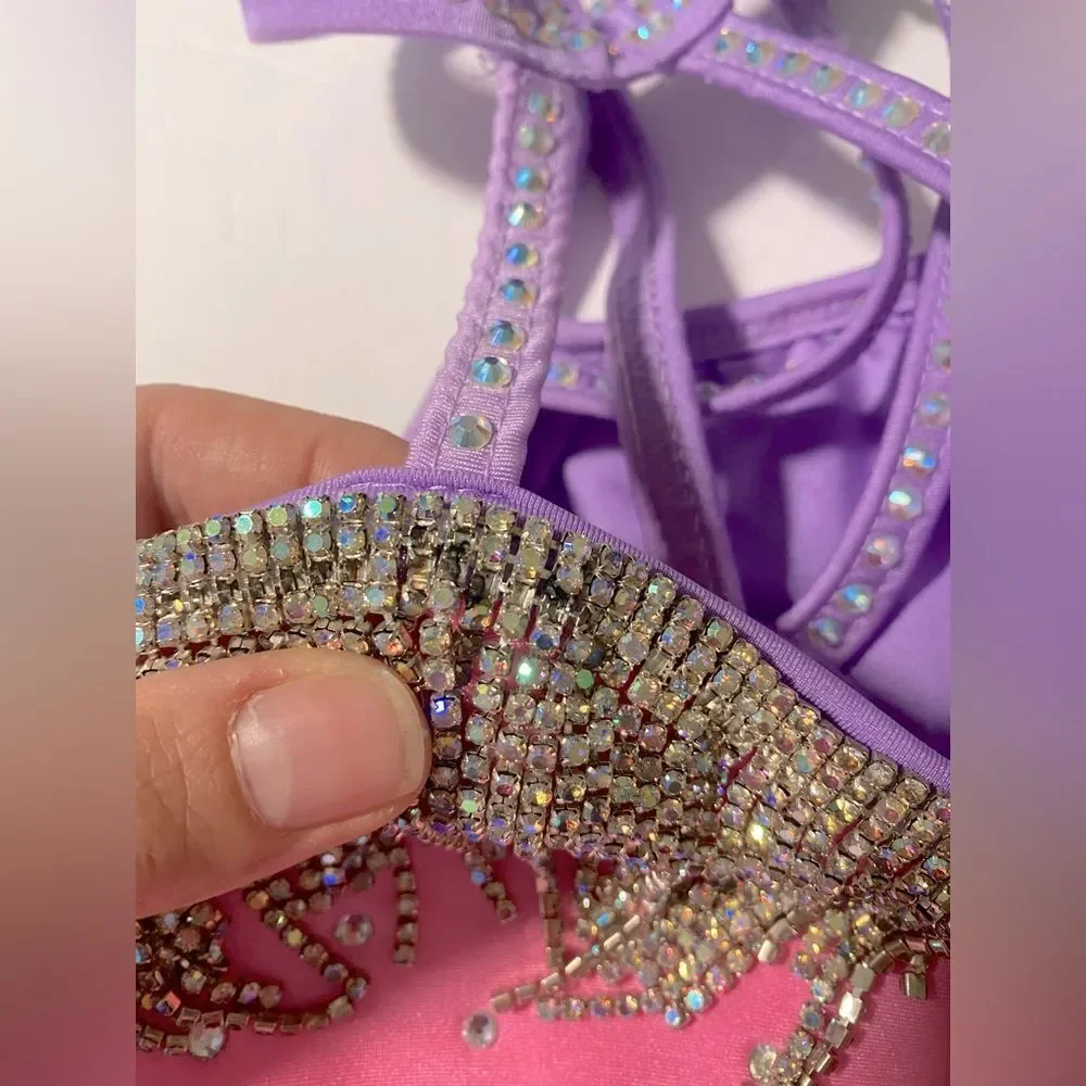 Glamour solo sassy dance costume purple pink embellished rhinestone fringe LC